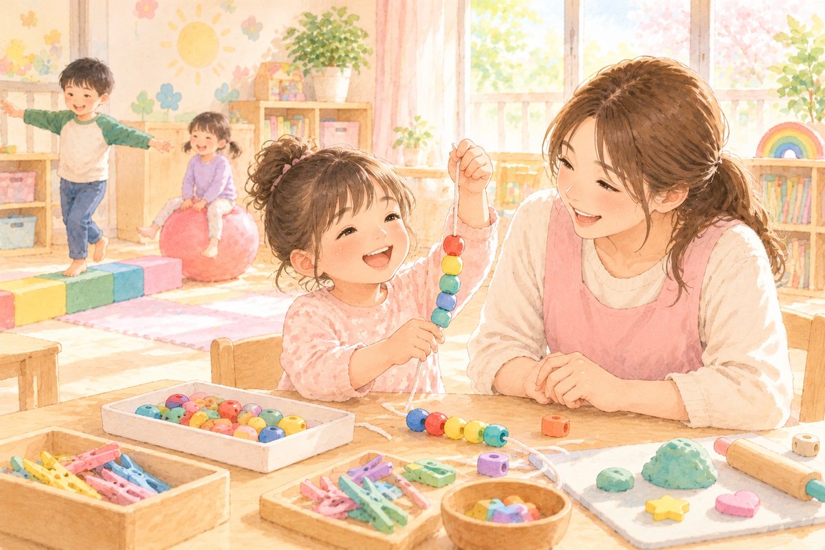 ビーズ通しに取り組む子どもとそばで見守るスタッフのイメージイラスト