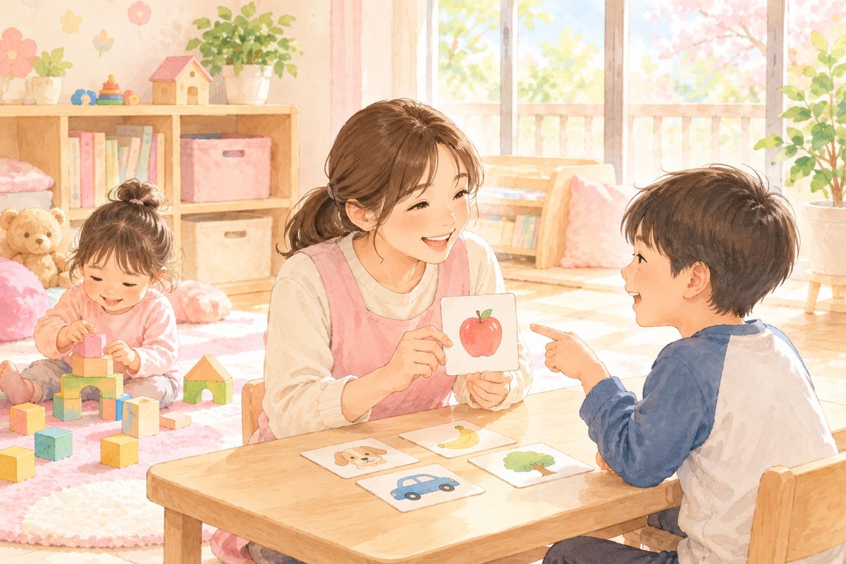絵カードを使って子どもと言葉のやりとりをするスタッフのイメージイラスト